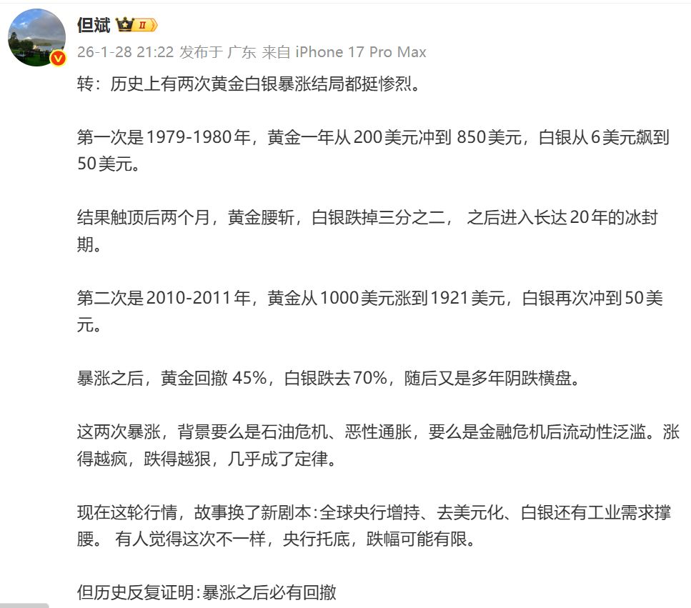 “吃不到葡萄酸”?但斌转发看空黄金观点被吐槽,金价突破5500美元后回调,后市布局关注这几点