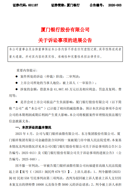 厦门银行公布4亿余元借款纠纷诉讼进展：二审驳回银祥油脂上诉，维持原判
