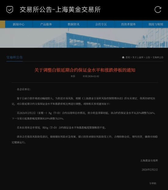 上海黄金交易所：调整白银延期合约保证金水平和涨跌停板