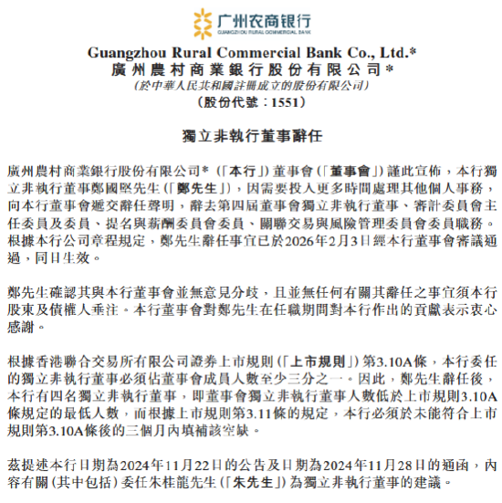 因需要投入更多时间处理其他个人事务，广州农商行独立非执行董事郑国坚辞任