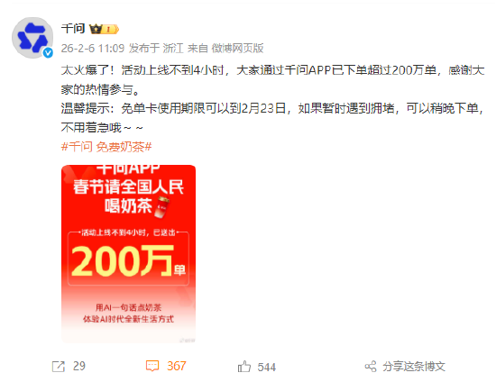千问春节30亿红包活动：不到4小时通过千问APP已下单超过200万单