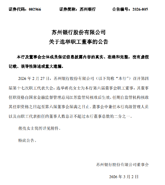 苏州银行：选举蒋亮为职工董事