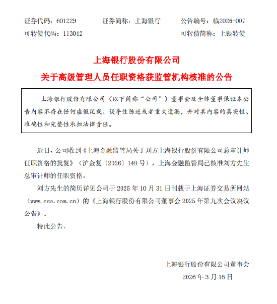 上海银行:刘方总审计师任职资格获监管机构核准