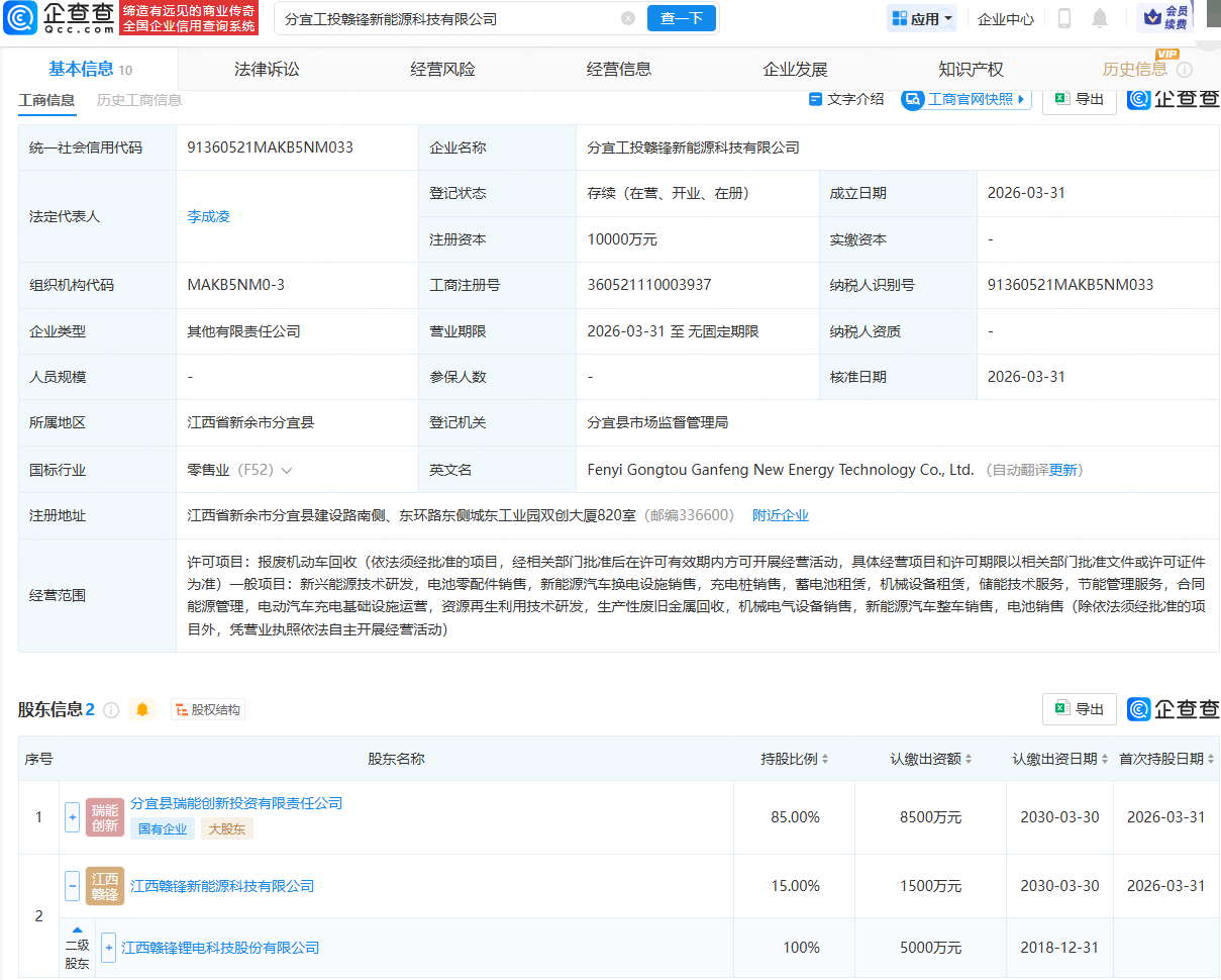 赣锋锂业等成立新能源科技公司，注册资本1亿元