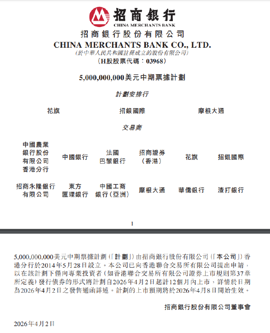 招商银行：50亿美元中期票据计划申请在港交所上市