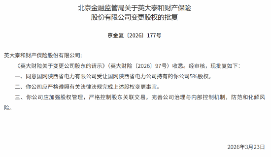 英大财险5%股权变更获批