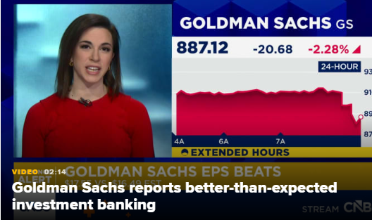 高盛盘前跌4% 一季度股票交易收入创纪录、业绩超预期