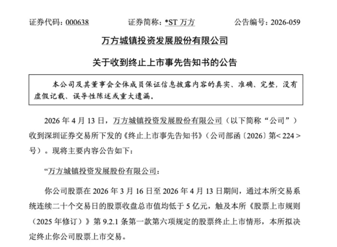 *ST万方面临“市值退”,明起停牌