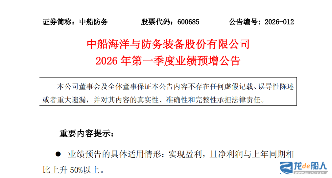 中船防务：一季度业绩预增