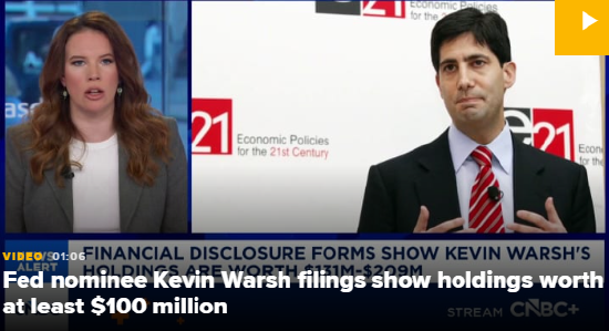 美联储主席候选人沃什财富申报披露:身家超历任主席,资产逾亿美元