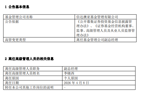 加盟仅一年半！信达澳亚副总经理李晓西因个人原因离任 下一站私募？
