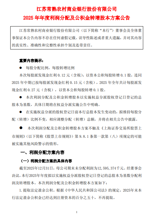 常熟银行发布2025年度利润分配方案 拟10派1.2元