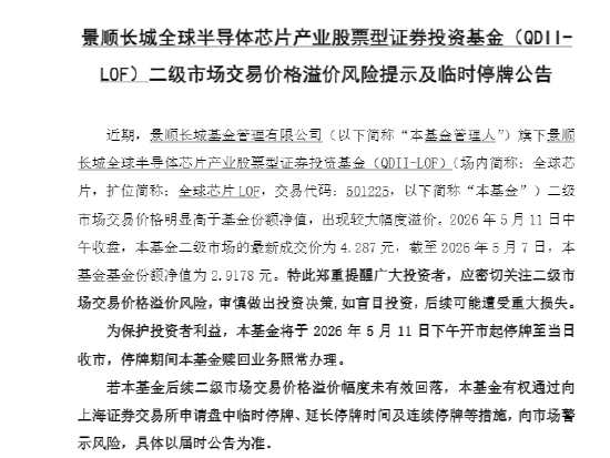 景顺长城全球芯片LOF（501225）发停牌公告：因大幅溢价！5月11日自13:00至15:00收市停牌