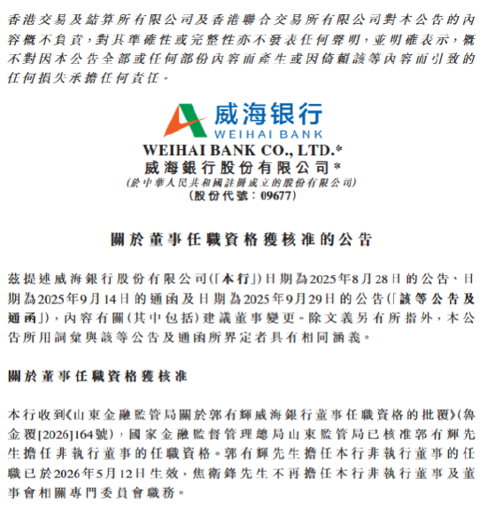 威海银行：郭有辉获批担任公司董事