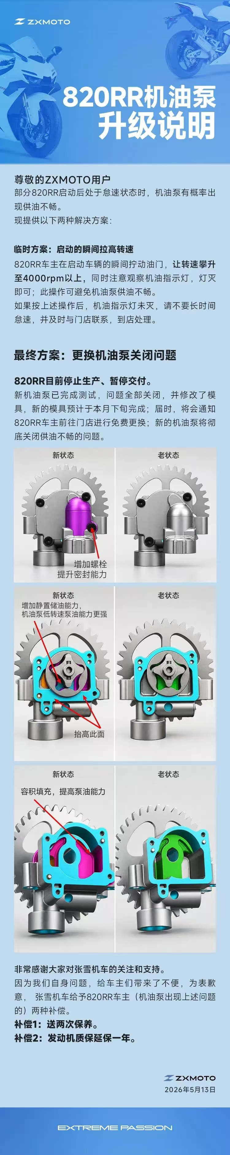 张雪机车发声明:停止生产、暂停交付820RR,将升级机油泵
