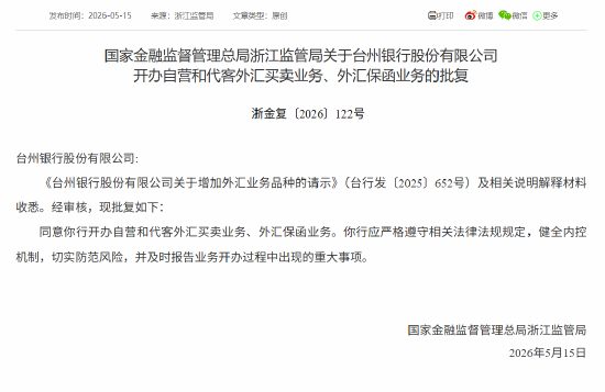 台州银行获批开办自营和代客外汇买卖业务、外汇保函业务