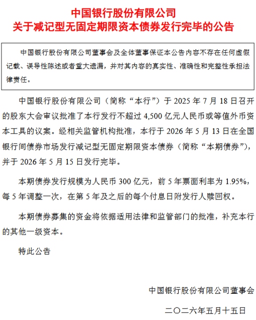 中国银行：完成发行300亿元减记型无固定期限资本债券