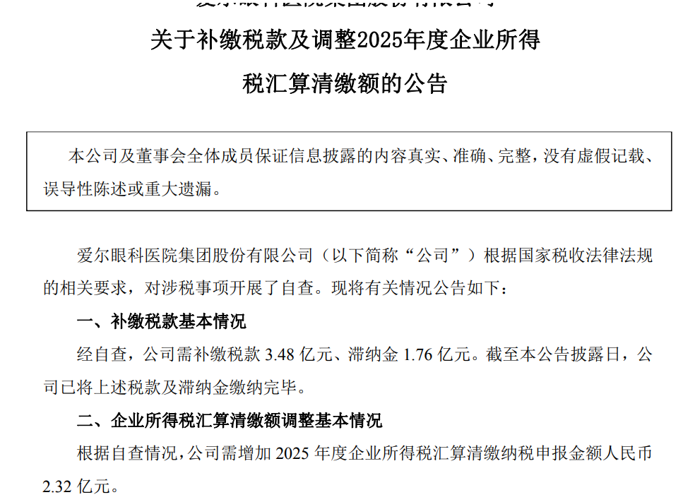 赴港上市前夕：爱尔眼科大额补税或拖累盈利